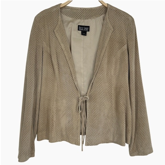 Vintage Belle Sport Perforated Pig Suede Jacket Size Large Beige Open Front - Picture 2 of 7